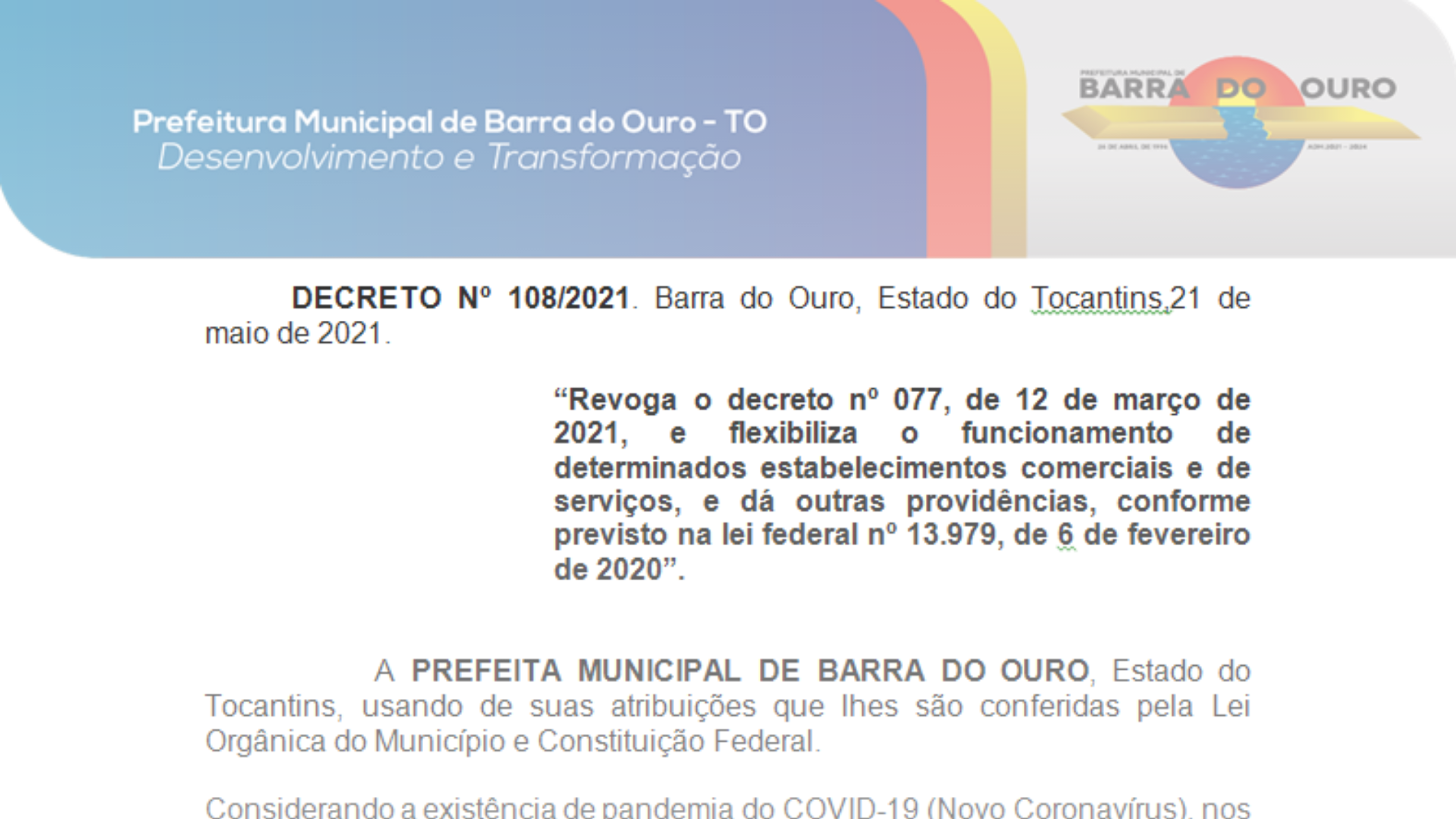 Prefeitura de Barra do Ouro expede decretos que prorrogam a suspensão das aulas presenciais e proíbem eventos e aglomerações